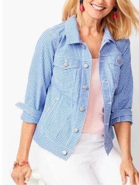 Talbots Gingham Blue/White Button Front Jean Jacket; NWT, Sz. S